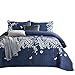 Wake In Cloud - Floral Quilt Set, Botanical Elegant Flower Tree Leaf Modern Pattern Printed, Reversible Lightweight Bedspread Coverlet, 3 Pieces, Navy Blue Gray, Queen/Full Size