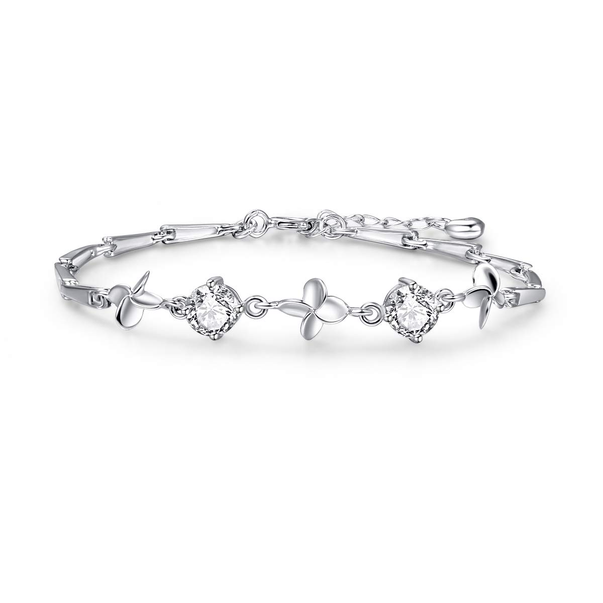 AVECON 925 Sterling Silver Birthstone Bracelet Four Leaf Clover Design Cubic Zirconia CZ Adjustable Link Chain for Women