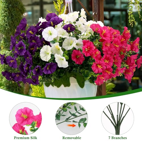 Huiguli 9 Bouquets Outdoor Fake Flowers, Artificial Flowers Plastic UV Resistant Fake Plants Outdoor for Balcony, Patio, Porch, Hanging Garden Indoor Decoration (3 Colors)