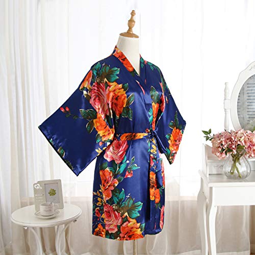 Peony Floral Silk Kimono Robe Bridal Bridesmaid Robes Dressing Gown for Women Navy Blue - Thumbnail 2