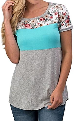 PaPaPa Women Casual Floral Print Short Sleeve Patchwork Blouse Tops (Large, sky blue-1)