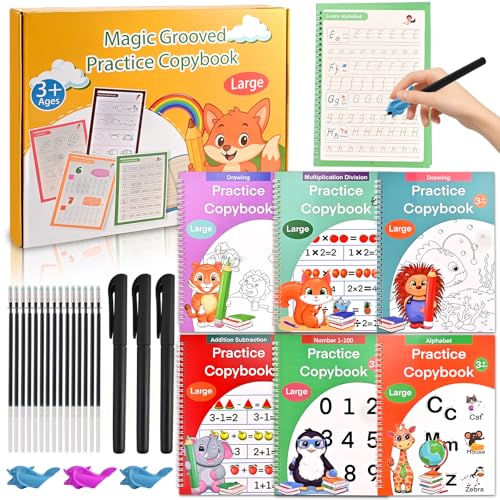 6 Reusable Handwriting Practice Books for Kids Ages 3-8 - Large Magic Grooved Workbooks with Pens | Letter & Number Tracing, Drawing & Maths | Preschool & Reception Set - 26 x 18.5cm