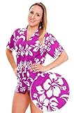 Funky Hawaiian Blouse Women Short-Sleeve Front-Pocket Hibiscus Flower Purple