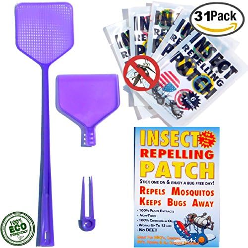 Mosquito Patches Insect Repellent Patch Clothing Stickers Super BUNDLE 3n1 FLY SWATTER Heavy Duty ECO Friendly NON TOXIC DEET FREE 12 Hours Best Bite Protection 100% Natural Safe For Kids &amp; Adults