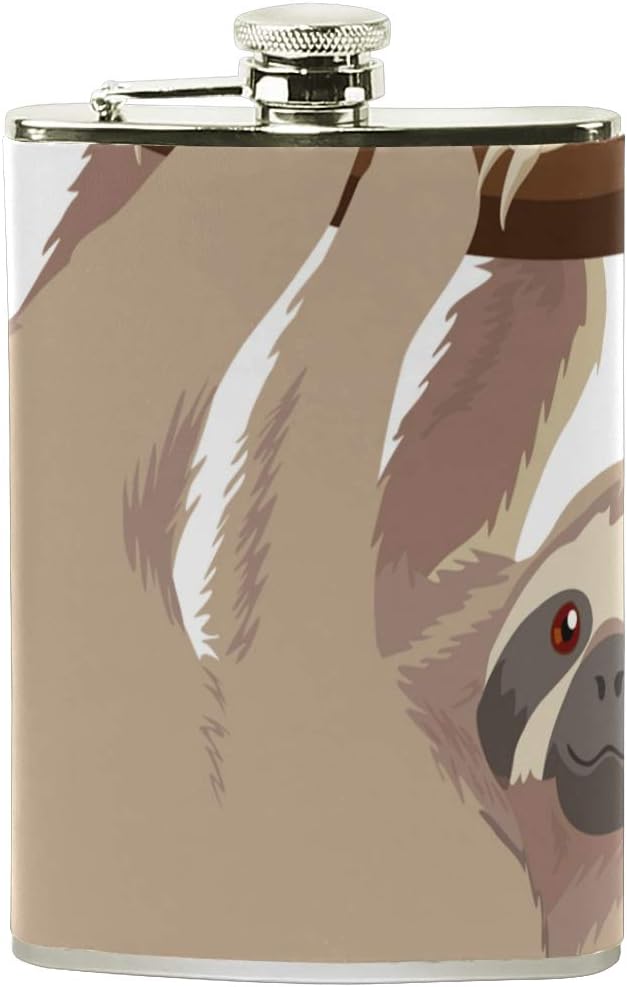 Stainless Steel Flask 18/8 with Leather Wrapped Cover Unique Cartoon Sloth Winter Pocket Hip Flask 8 Oz Gift for Men-Flask Funnel