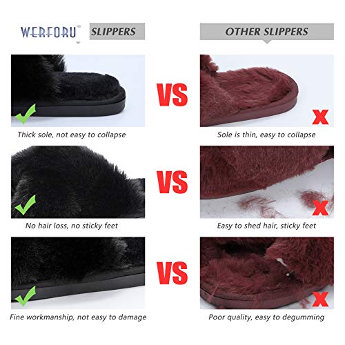 Women Cross Band Slippers, Soft Plush Fleece Slippers, Furry Cozy Open Toe House Shoes, Indoor Outdoor Faux Rabbit Fur Comfy Slippers,Black, 7-8