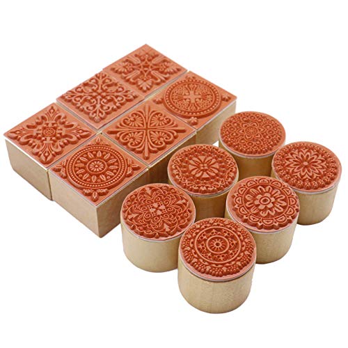 12Pcs Wooden Stamps Floral Pattern Rubber Stamp Round and Square Lace Wooden Rubber Stamp for Scrapbooking and DIY Craft Card
