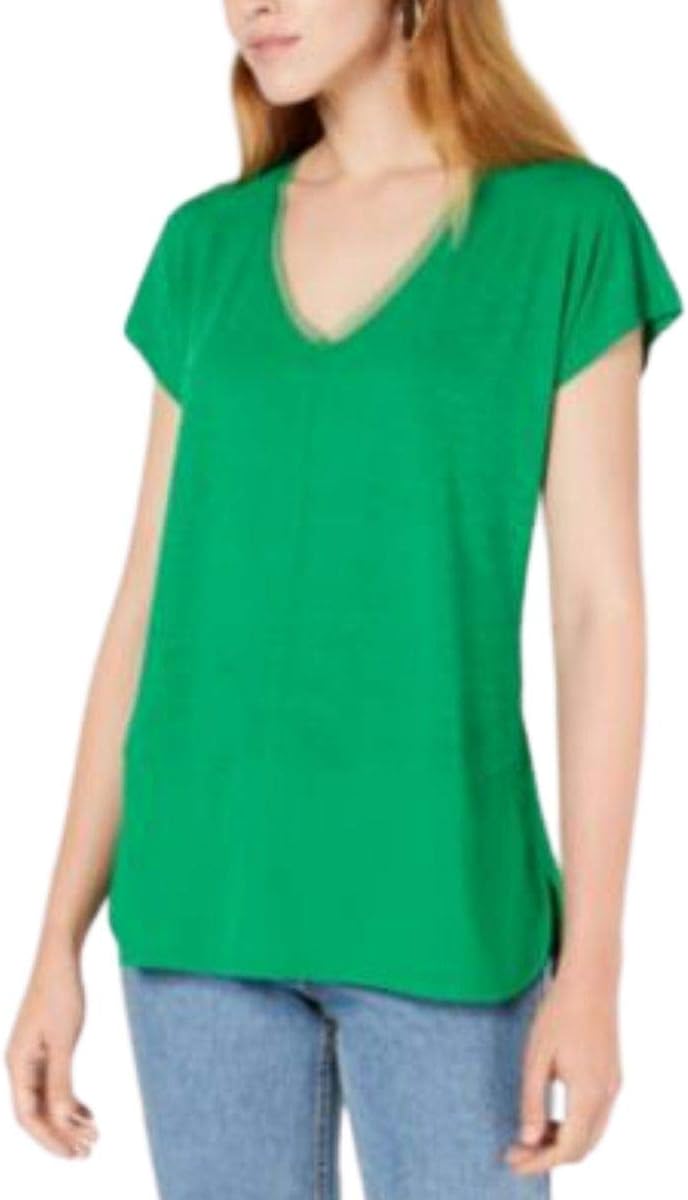 Bar III V-Neck Mixed-Media Mesh Top, Bright Pine, XS at Amazon Womenâs Clothing store