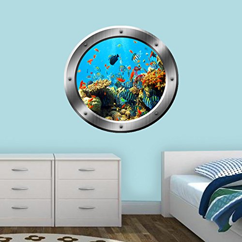Coral Reef Wall Decal Porthole Ocean School of Fish Wall Sticker Home Decor VWAQ-SP19 (14" Diameter)