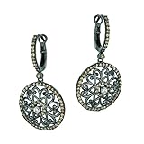 Silver Ruthenium Plated 20mm Flat Round Like Shape With Vine Like Design And Coffee And 1 Clear Cubic Zirconia Dangle Earring