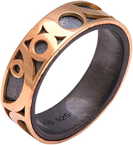 Solid 18K Rose Gold Steampunk Wedding Band For Men Men's Ring Two Tone Combined Metals Rough Black Oxidized