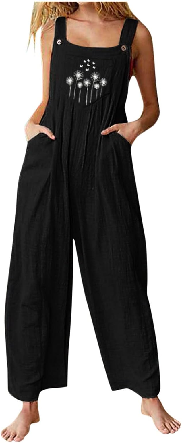 Clearance Wide Leg Jumpsuit Cotton Cargo Pants Bib Overalls Dungaree Trousers Romper Jushye (XL, Black)