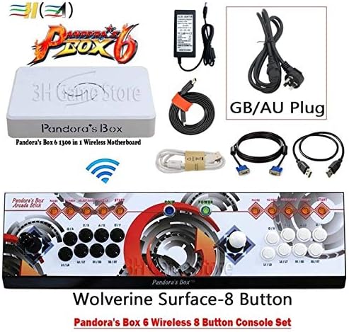 Cholyme LLC 1 Set 8 Button Pandora Box 6 1300 in 1 Wireless Iron Console Set 2 Players Arcade Controller Support FBA mame ps1 3D can add 3000 Game 8b Wireless circleGB