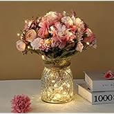 Artificial LED Pink Rose Flowers with Glass Vase, Flower Arrangement for Table Centerpiece, Home Office Wedding Decoration