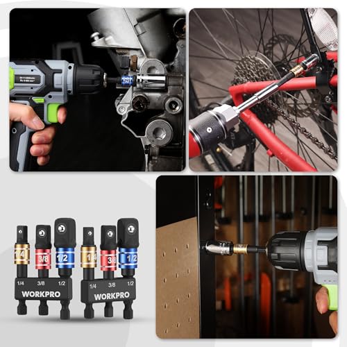 WORKPRO Socket Adapter Set 3 Pieces, Socket Adapter for Drill with 1/4 Inch Hex Shank, 1/4 Inch, 3/8 Inch and 1/2 Inch Converter, Impact Wrench Adapter and Screwdriver