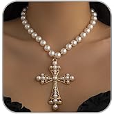 ANGLEQUEEN Gothic Cross Necklaces Layered Pearl Beads Cross Pendant Necklaces Punk Vintage Cross Chain Necklace Chunky Cross Necklace Gothic Halloween Jewelry for Women