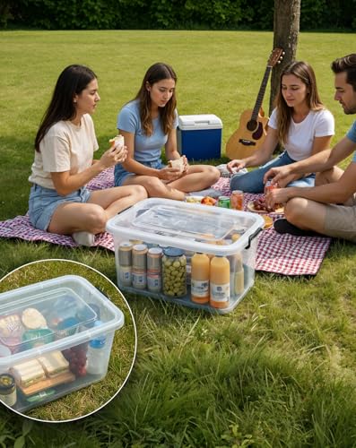 Storage Box – Heavy Duty Plastic Storage Box with Lockable Lid & Wheels, Clear Organizer Bin for Clothes, Tools & Home, Office (82L)