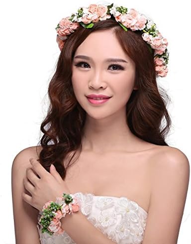 ieasysexy Women Lady Girl's Bohemian Boho Flower Floral Crown Headband Garland Halo Hair Band with Wrist Band Set For Wedding Festival Party (Pink)