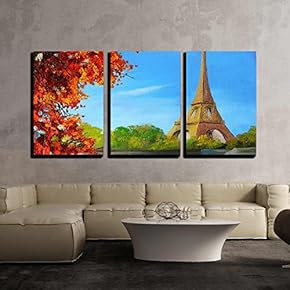 3 Piece Canvas Wall Art - Oil Painting - Lake Near The Eiffel Tower - Modern Home Art Stretched and Framed Ready to Hang - 16"x24"x3 Panels