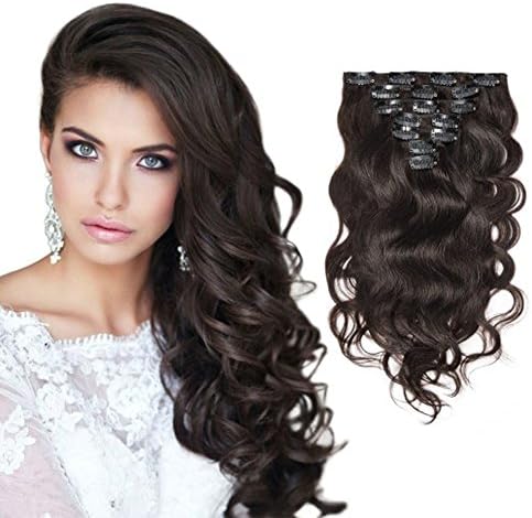 SG Hair 16" Remy Human Hair Clip in Extensions for Women Darkest Brown(#2) Body Wavy 7Pieces 70grams/2.45oz