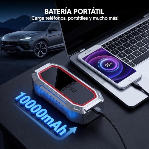5000A Arrancador de Coche con Compresor de Aire 160 PSI, Inflador de Neumáticos, Banco de Energía para Vehículos de 12V Gasolina 9L Diésel 8L, Incluye Pantalla LCD, Luz LED y Cables de Puente, plata