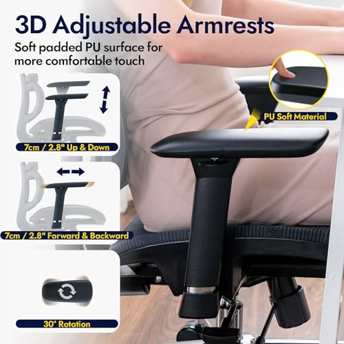 TONFARY Professional Ergonomic Office Chair - Breathable Mesh Backrest, 130° Tilt, 3D Armrests and Adjustable Seat - Swivel Wheels, 150kg