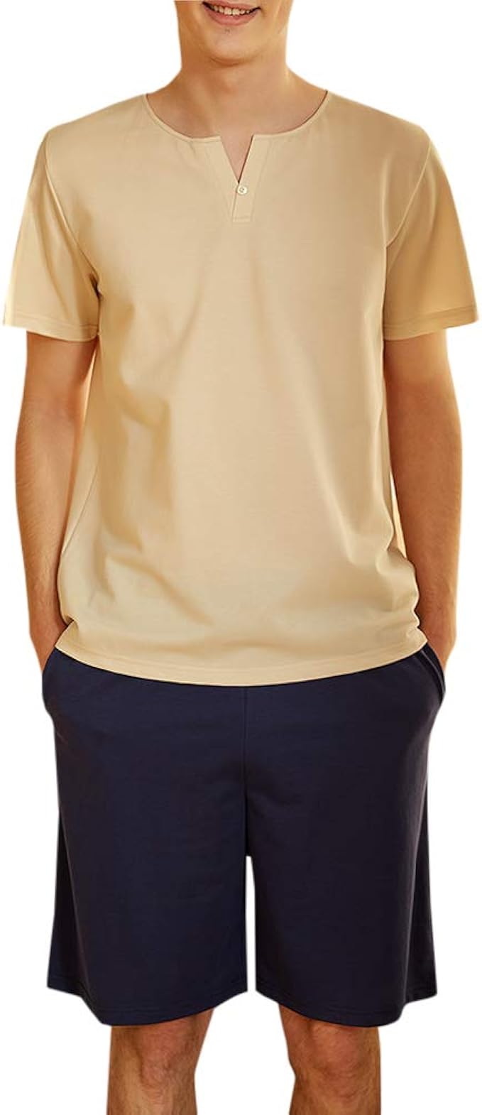 Mens Pyjama Set Lightweight Soft 2 Piece Short Pyjamas V Neck Top and