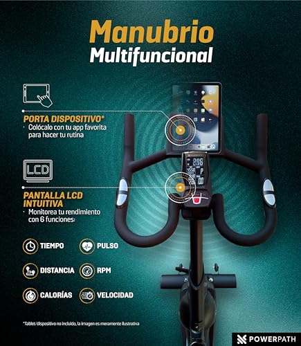 PowerPath - Bicicleta Estática para Spinning/Ejercicio en Casa, Disco de 13 kg, Bluetooth para APPs, Magnética, Robusta, Silenciosa con Monitor Electrónico, RPM - Bici Fija para Gym en Casa, Color Negro, Ajustable, 150 kg
