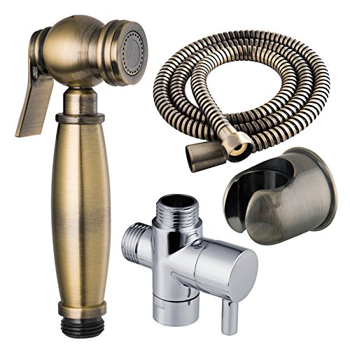 Stainless Steel Self-Cleaning High Pressure Handled Bidet Sprayer / Shataff Set with Flexible Hose and Holder and T-Valve (Chrome) (Red Bronze)