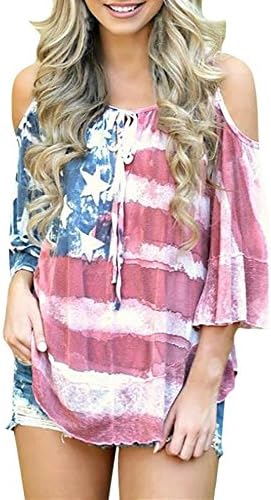 LIKESIDE Women American Flag Loose 4th of July Off Shouder T-Shirt Tops Blouse Plus Size Camis V-Neck Three Quarter Sleeve (M, Red)