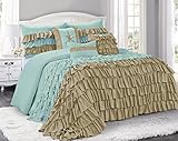 7 Piece BRISE Double Color Ruffled Comforter Set-Queen King Cal.King Size (King, Blue/Taupe)