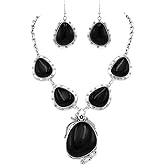 Rosemarie & Jubalee Women's Unique Burnished Silver Tone Western Style Black Howlite Stone Necklace Earrings Set, 18"+3" Extension