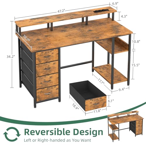 MUTUN 47" Reversible Computer Desk with Charging Station, Office Desk with Drawers and Shelves, Bureau de Travail, Home Office Desks, Study Table with Monitor Stand (Rustic Brown, 47 Inch)