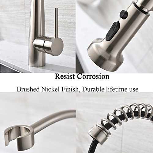 Pre Rinse Spring Kitchen Faucet With Pause-Bokaiya Commercial Brass Brushed Nickel Stainless Steel Pull Down Sprayer Kitchen Sink Faucet, 1 Hole Single Handle Kitchen Faucets with Sprayer