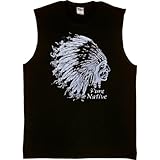 MENS SHOOTER (SLEEVELESS) T-SHIRT : BLACK - LARGE - Pure Native (Metallic Ink) - Native American Indian Chief