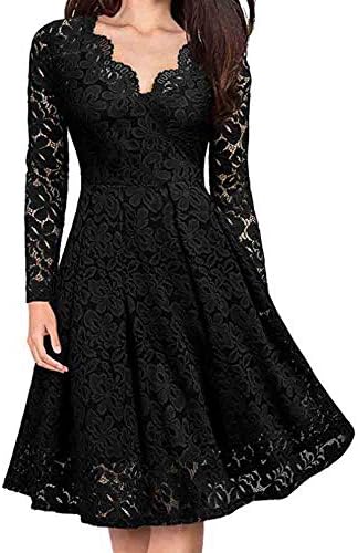 Padaleks Women Sexy V-Neck Lace A-Line Dress Off Shoulder Long Sleeve Formal Evening Party Dress