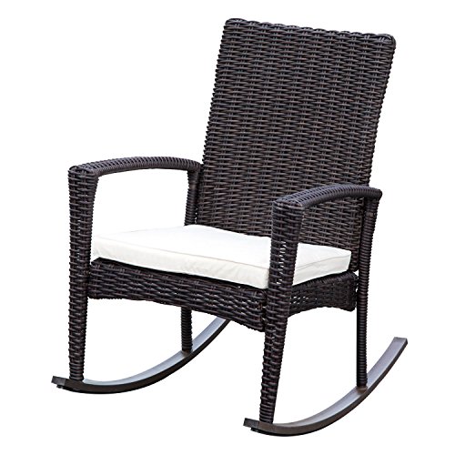Outsunny Schaukelstuhl Schwingsessel Gartenstuhl mit Kissen, Polyrattan+Metall, Schwarz+Creme, 66 x 88 x 98 cm