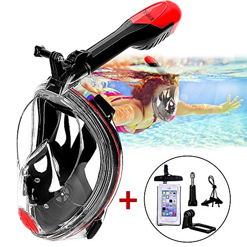 YSBER Snorkel Mask - Original Full Face Snorkeling and Diving Mask with 180Â° Panoramic Viewing - Detachable Camera Mount, Free Breathing, Anti-Fog and Anti-Leak (Black, S/M)