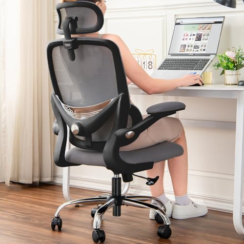 TONFARY Ergonomic Office Chair, High Back Mesh Office Chair, Adjustable Lumbar Support, Folding Armrest, Removable Headrest, Gaming Chair for Computer Swivel 150kg