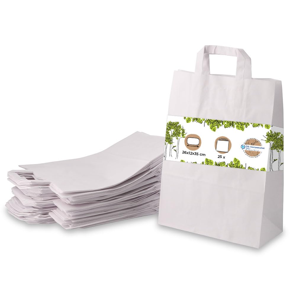 GREENBOX White Paper Bags with Handle, Environmentally Friendly Paper Bag Made of Kraft Paper, Gift Bag Biodegradable, Compostable Bags, 25 x White Paper Carrier Bags with Handle 26 x 12 x 35 cm