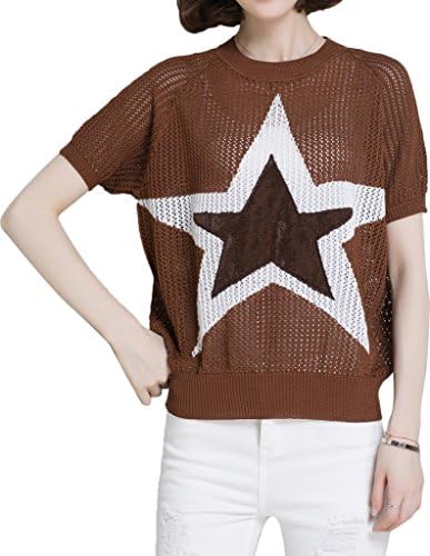 KUBITU Womens Casual Classic Star Pierced 1/2-Sleeve Round Neck Pullover Sweater Medium Coffee