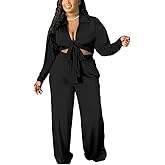 2 Piece Outfits for Women Sexy V Neck Print Shirts Tie Knot Batwing Blouses Crop Top Wide Leg Pants Set