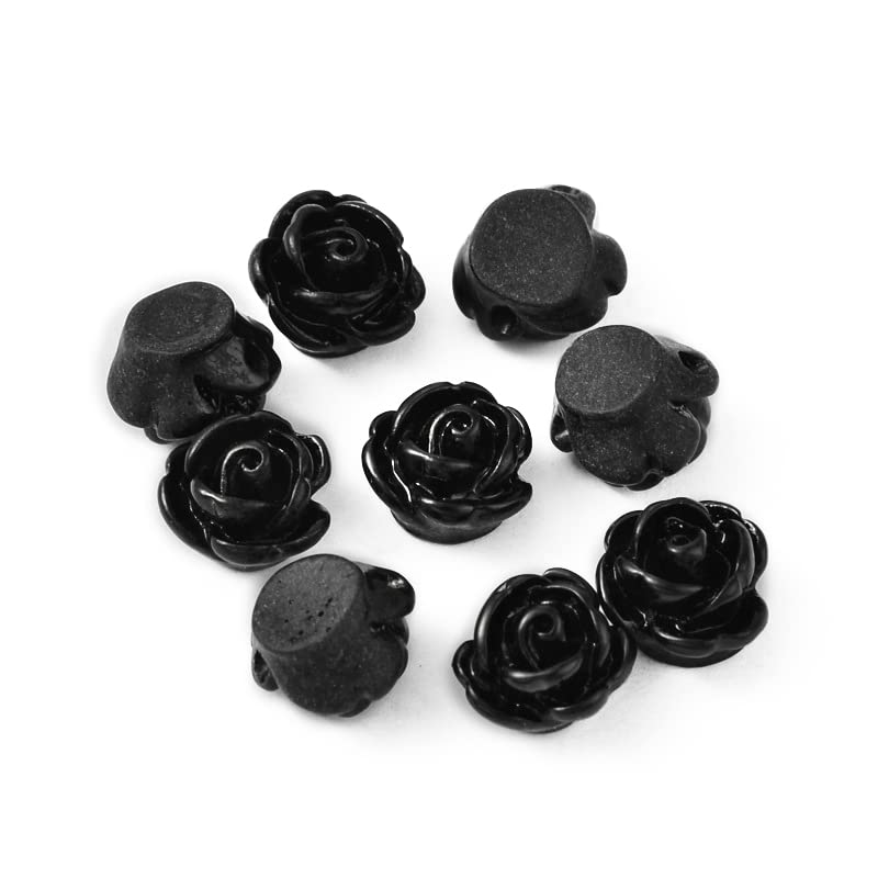 Beadthoven 50pcs Handmade Flat Base Opaque Resin Black Rose Flower Beads for DIY Beading Jewelry Making Necklace Bracelet Earring Supplies 9x7mm Hole: 1mm