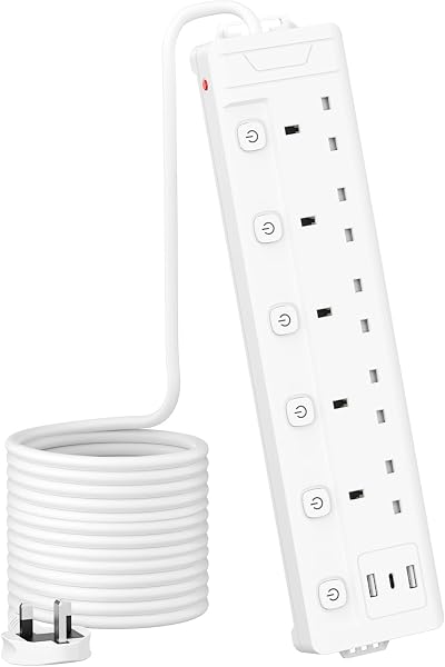Mscien 5M 5 Gang Extension Lead with USB Slots USB-A USB-C 8 in 1 Wall Mountable