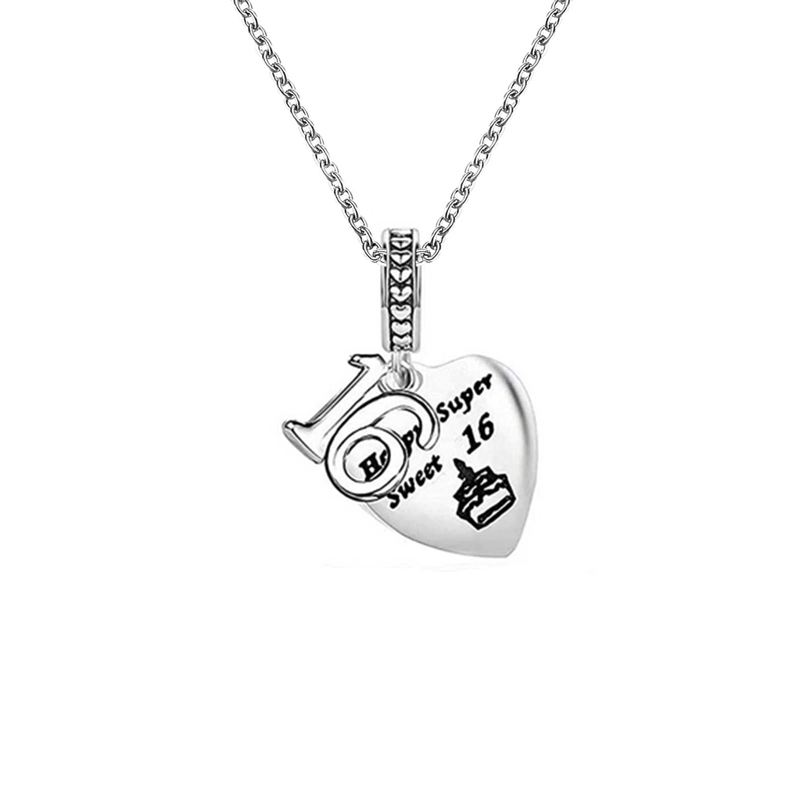 KunBead 16 Birthday Heart Charm Pendant 18 inch Necklace for Daughter Granddaughter Friend Sister