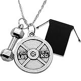 The Nekid Cow Silver Fitness Gym Barbell Plate Dumbbell Weight Plate Pendant Jewelry Necklace Unisex For Men Women Teen w/ 16 inch Silver Chain and Velvet Velveteen Black Anti-Tarnish Draw String Carry Storage Pouch Bag [Bundle Pack 2 pieces] (Dumbbell & Weight Plate w/18
