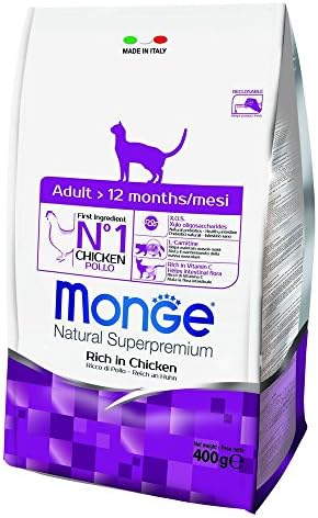 MongeNatural Superpremium ADULT CHICKEN, dry food for adult cats (chicken food, recipe, with omega-3 fatty acids, without added dyes or preservatives, 400g)