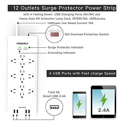 Surge Protector(4000 Joules), POWRUI Power Strip with 12Outlet and 4