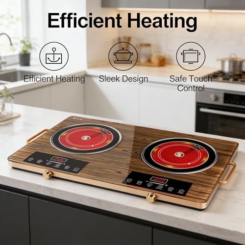 Jospondent Double burner electric ceramic stove, 3500W high-power electric cooking stove, no installation required, wood grain tempered glass and black crystal glass panel, aluminum alloy shell with