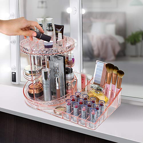 Sorbus Rotating Makeup Organizer Station Nail Bar, 360° Rotating Adjustable Carousel with Tray for Cosmetics, Skincare, etc - Great for Vanity, Bathroom, Bedroom (Adjustable Carousel Station - Pink)